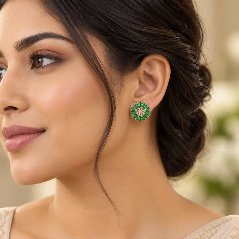 Emerald Floral Halo Stud Earrings