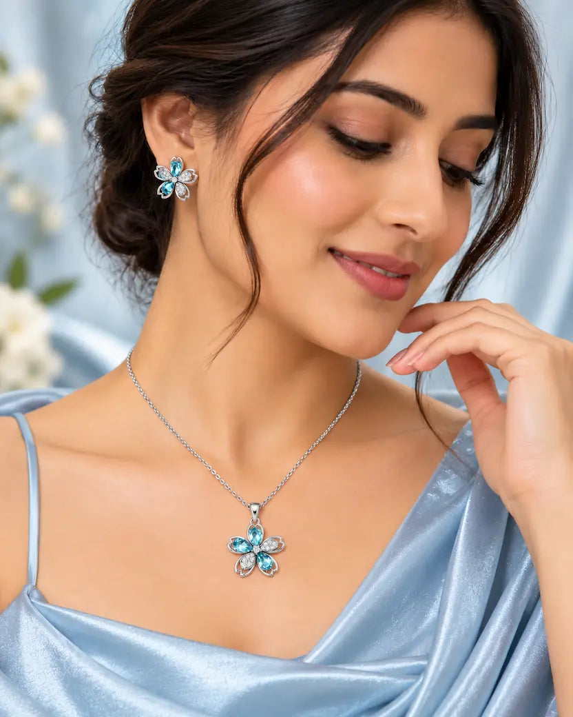 Aqua Blossom Silver-Tone Necklace & Earrings Set