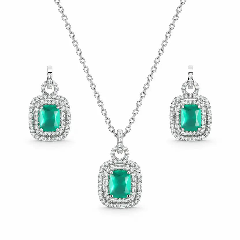 Teal Rectangle AD Halo Necklace and Earrings Set