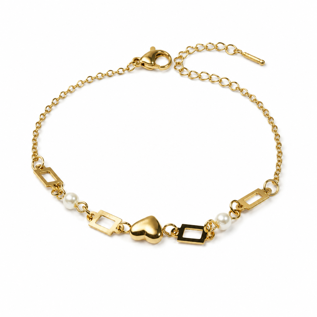 Pearl Heart Rectangle Chain Bracelet