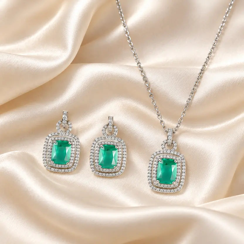 Teal Rectangle AD Halo Necklace and Earrings Set