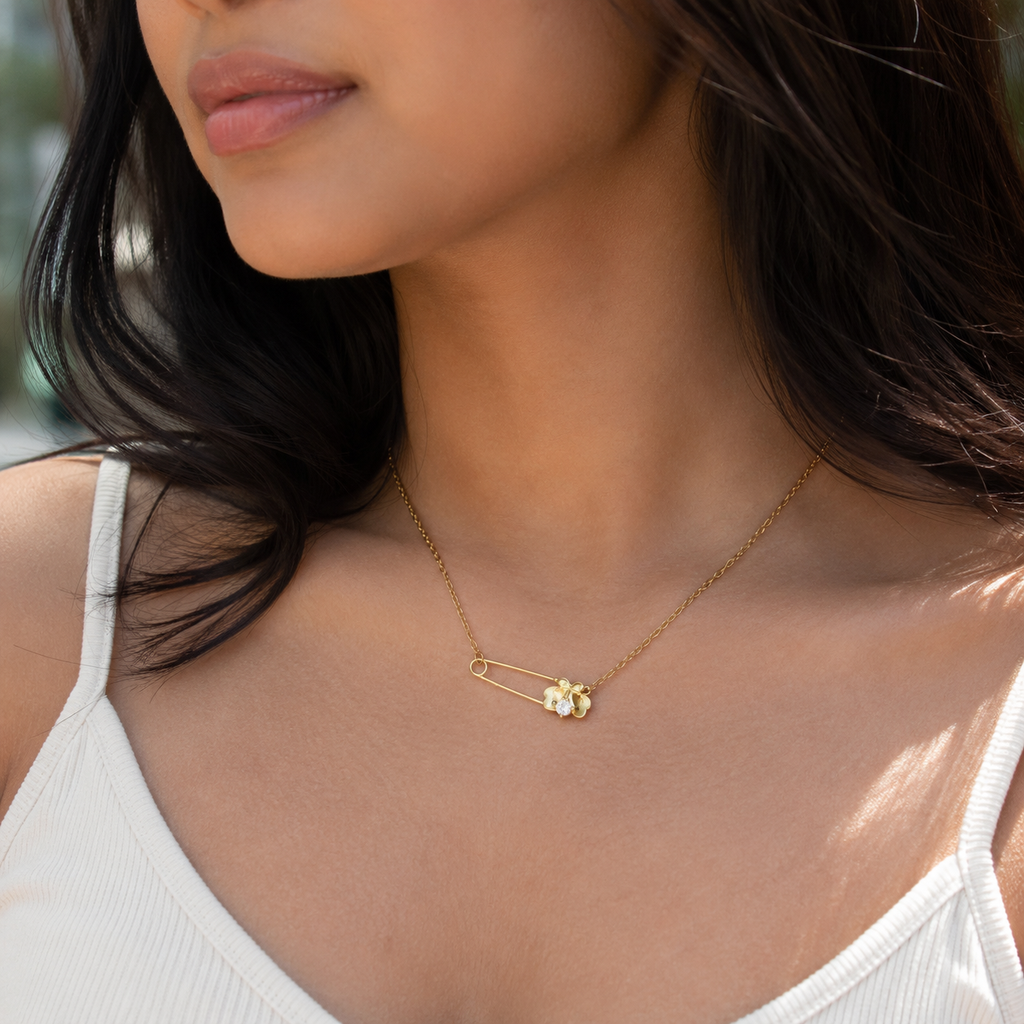 Floral Safety Pin Gold-Tone Pendant Necklace