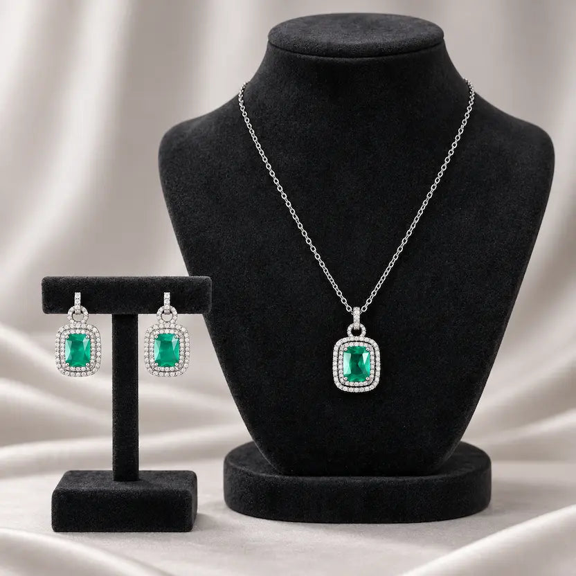 Teal Rectangle AD Halo Necklace and Earrings Set