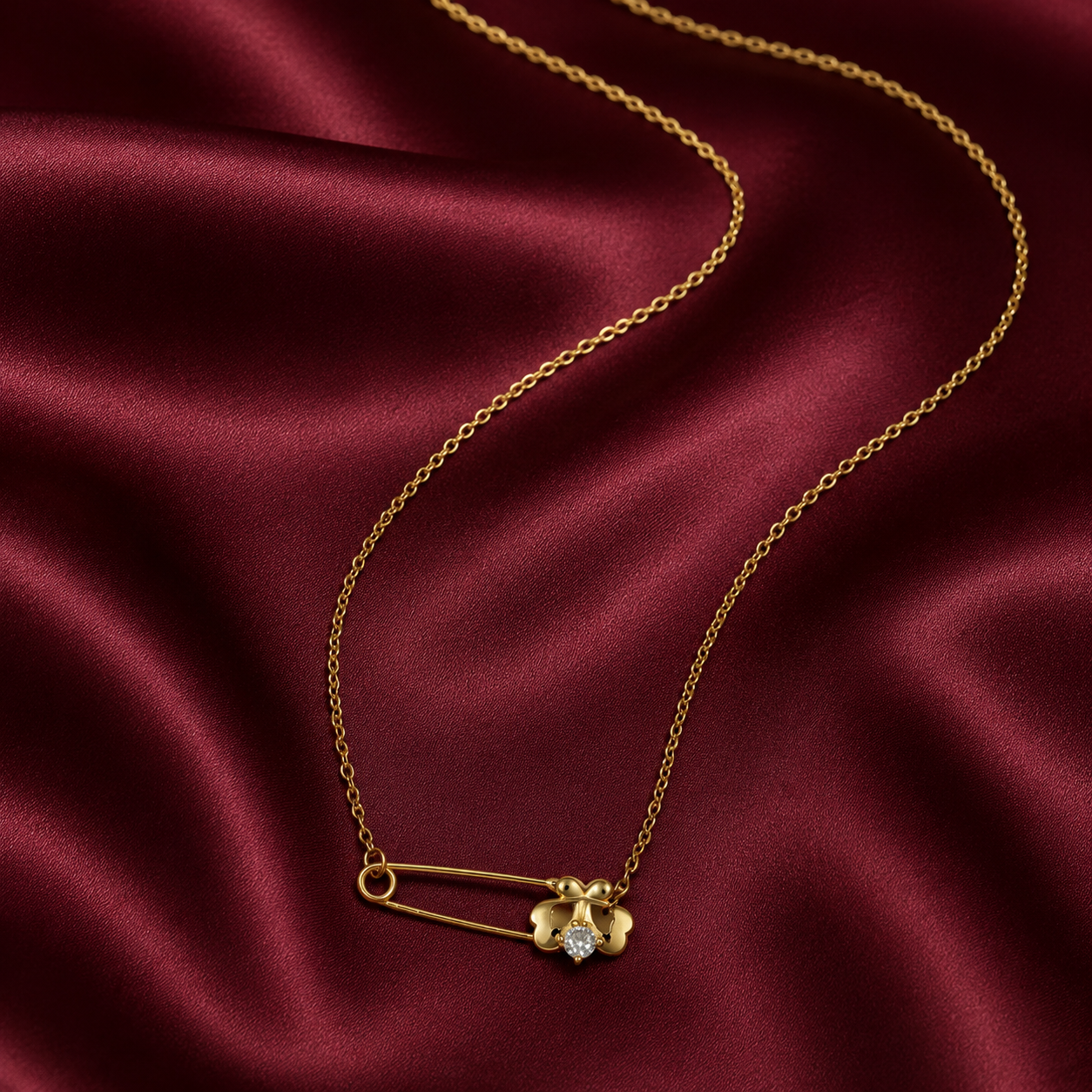 Floral Safety Pin Gold-Tone Pendant Necklace