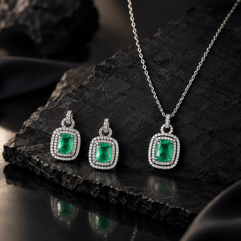 Teal Rectangle AD Halo Necklace and Earrings Set