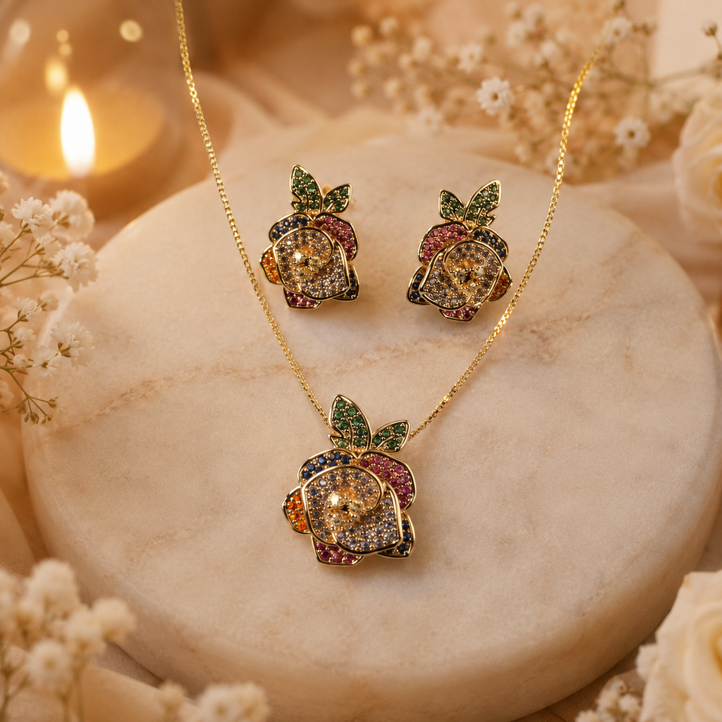 Multicolour Rose CZ Necklace and Earrings Set