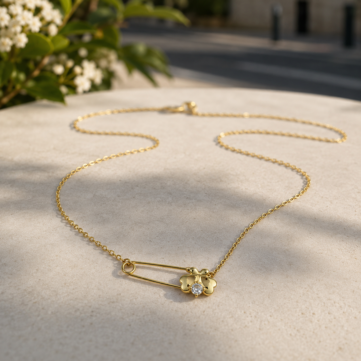 Floral Safety Pin Gold-Tone Pendant Necklace