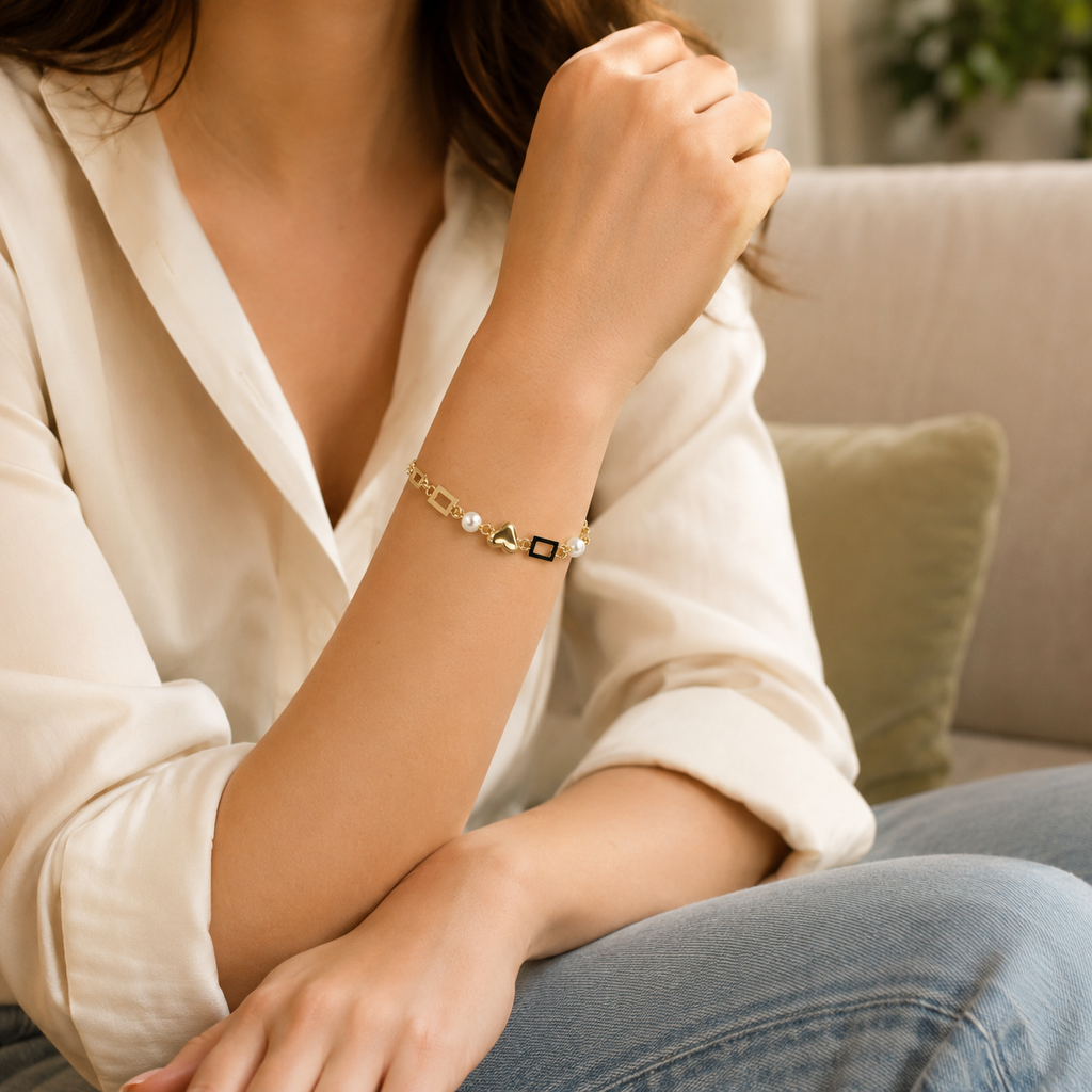 Pearl Heart Rectangle Chain Bracelet