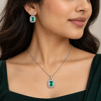 Teal Rectangle AD Halo Necklace and Earrings Set