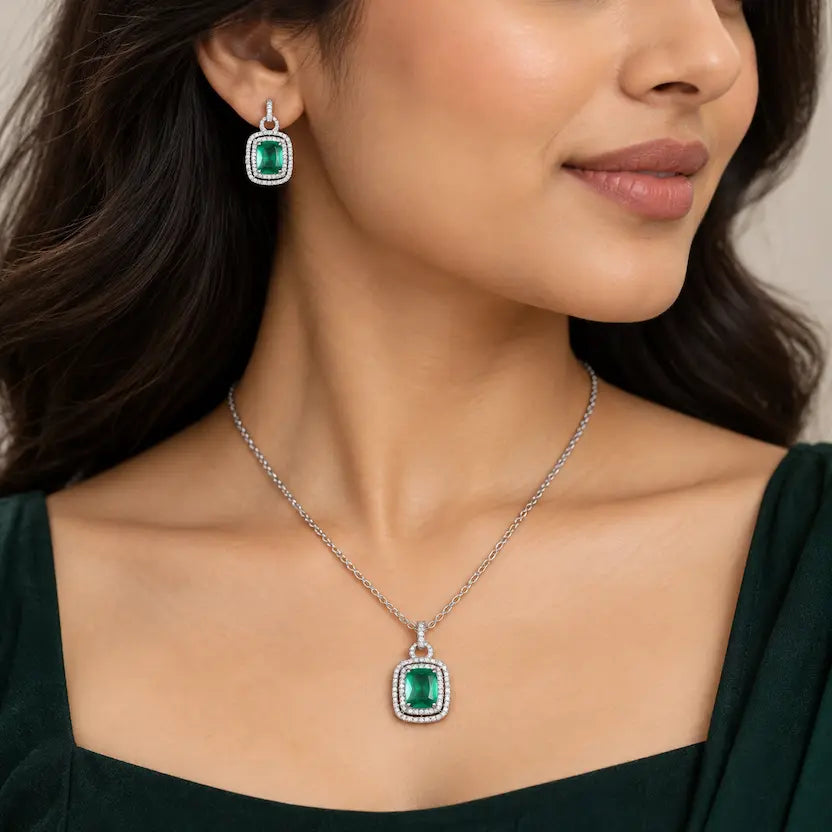 Teal Rectangle AD Halo Necklace and Earrings Set