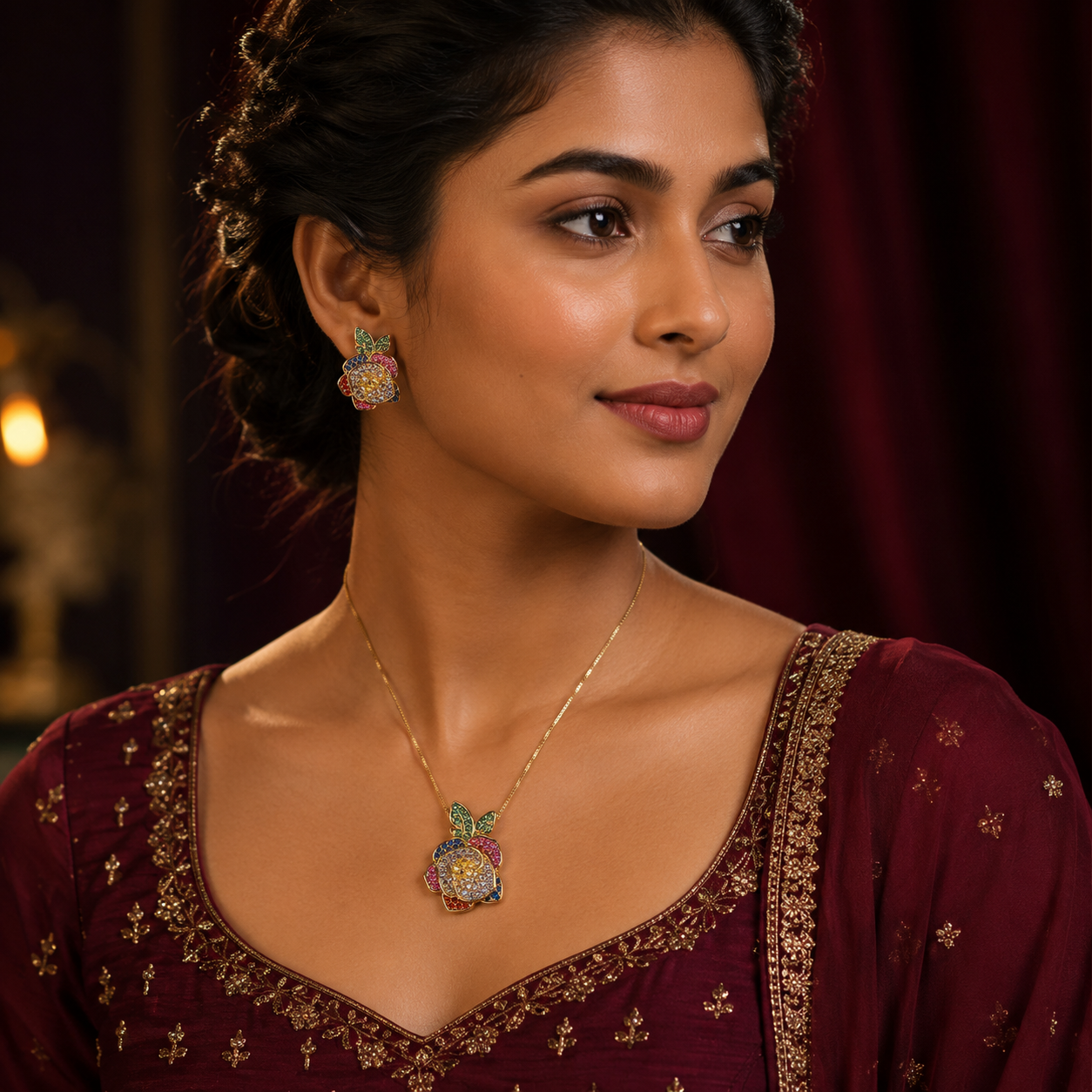 Multicolour Rose CZ Necklace and Earrings Set