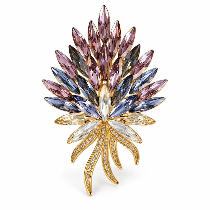 Wine Crystal Feather Spray Brooch