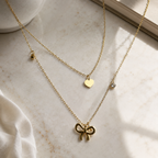 Bow and Heart With Solitare Charms Layered Necklace