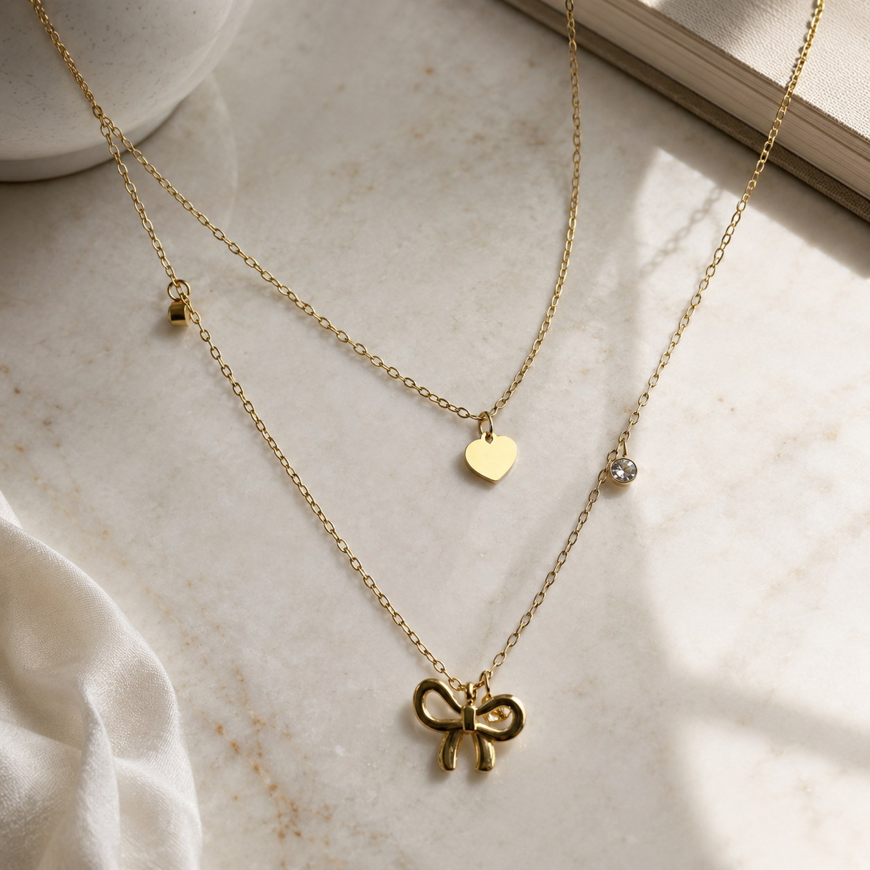 Bow and Heart With Solitare Charms Layered Necklace