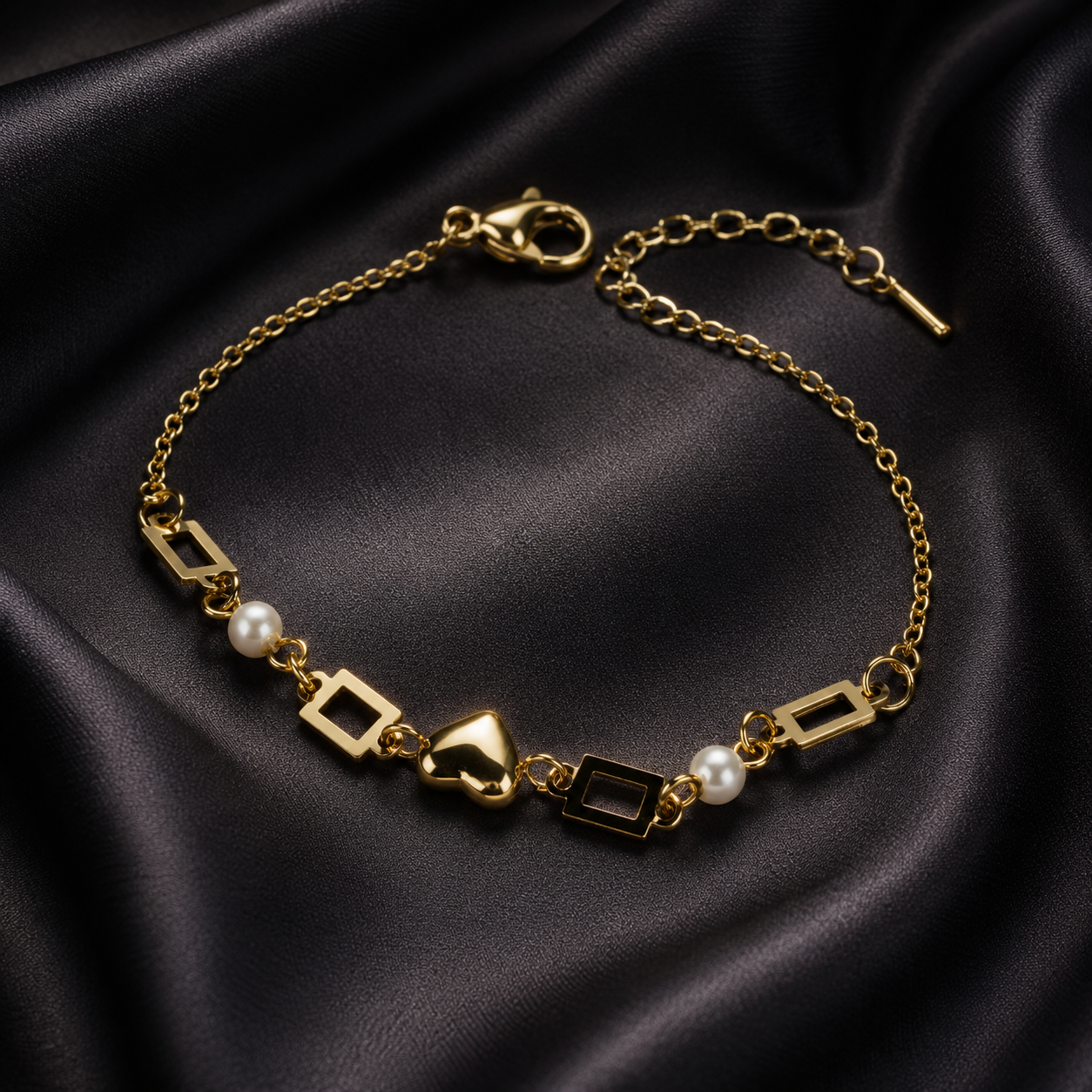 Pearl Heart Rectangle Chain Bracelet