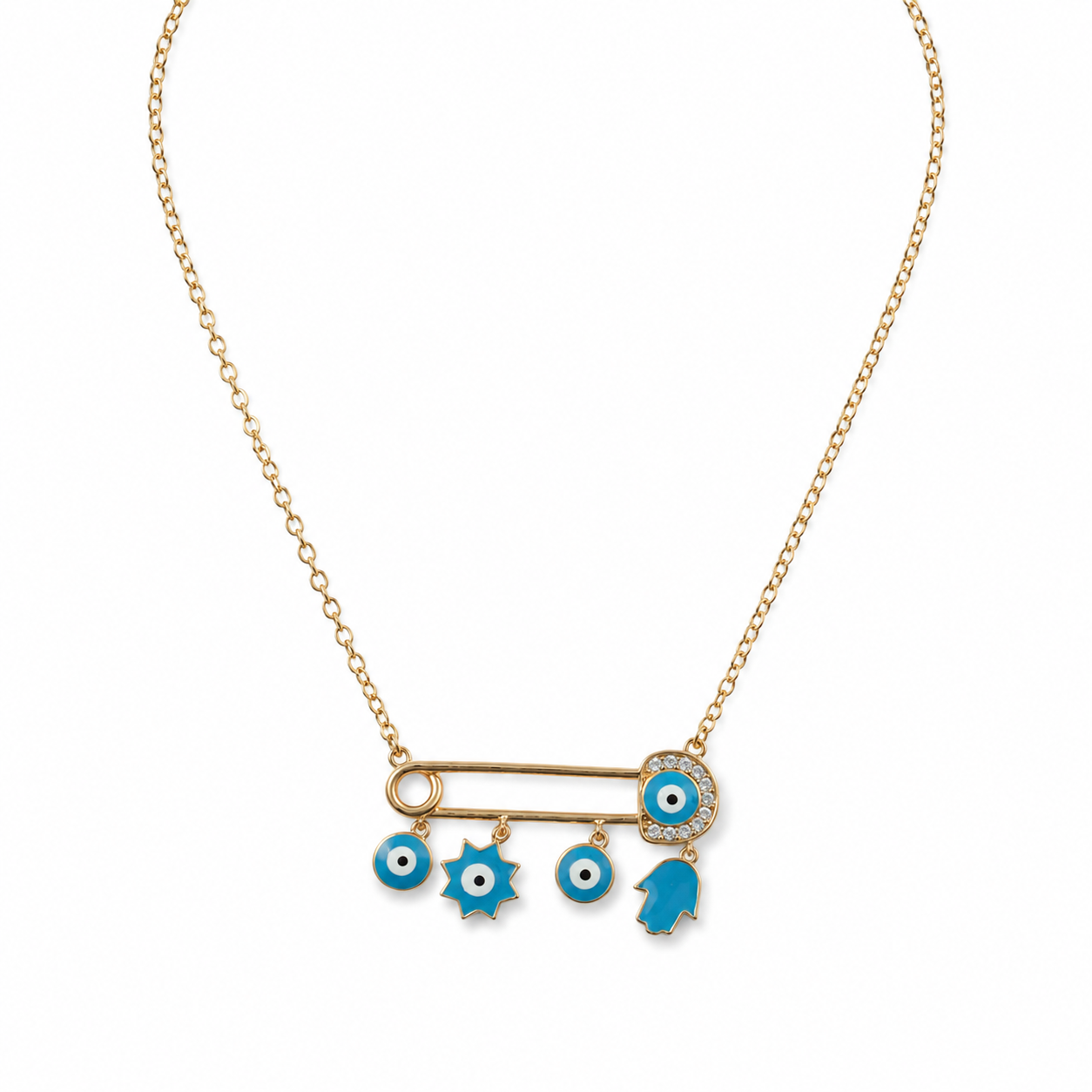 Blue Evil Eye Charm Safety Pin Necklace
