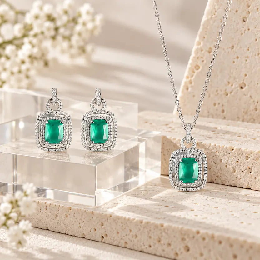 Teal Rectangle AD Halo Necklace and Earrings Set