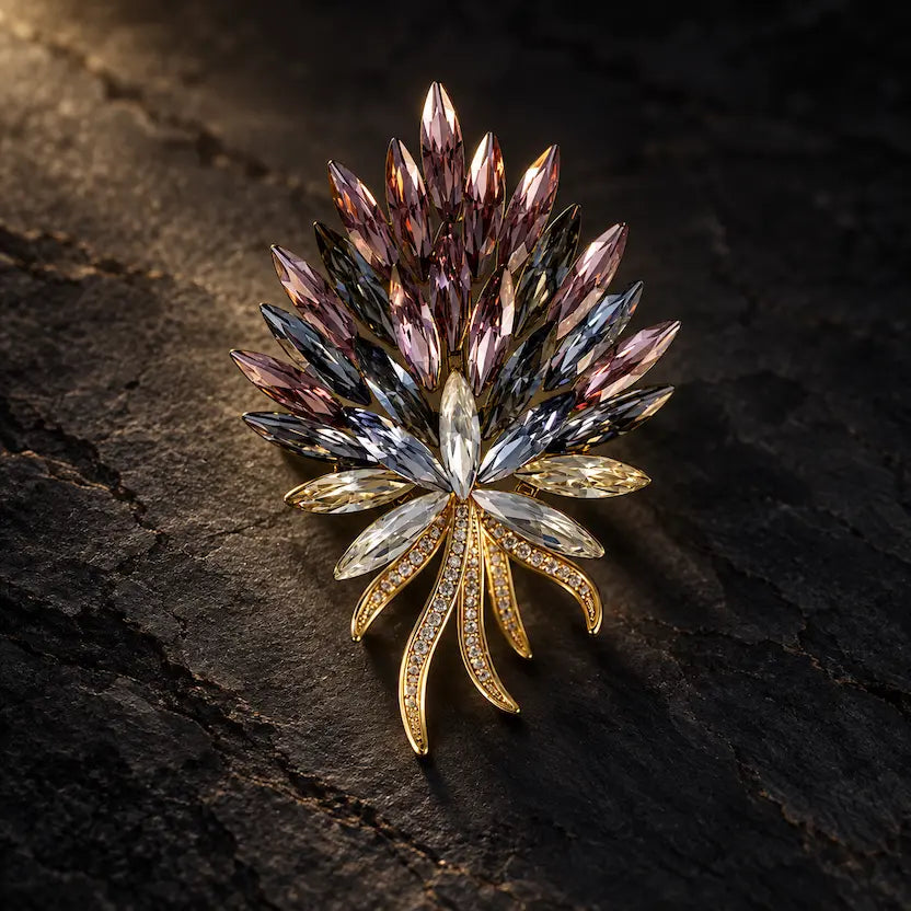 Wine Crystal Feather Spray Brooch