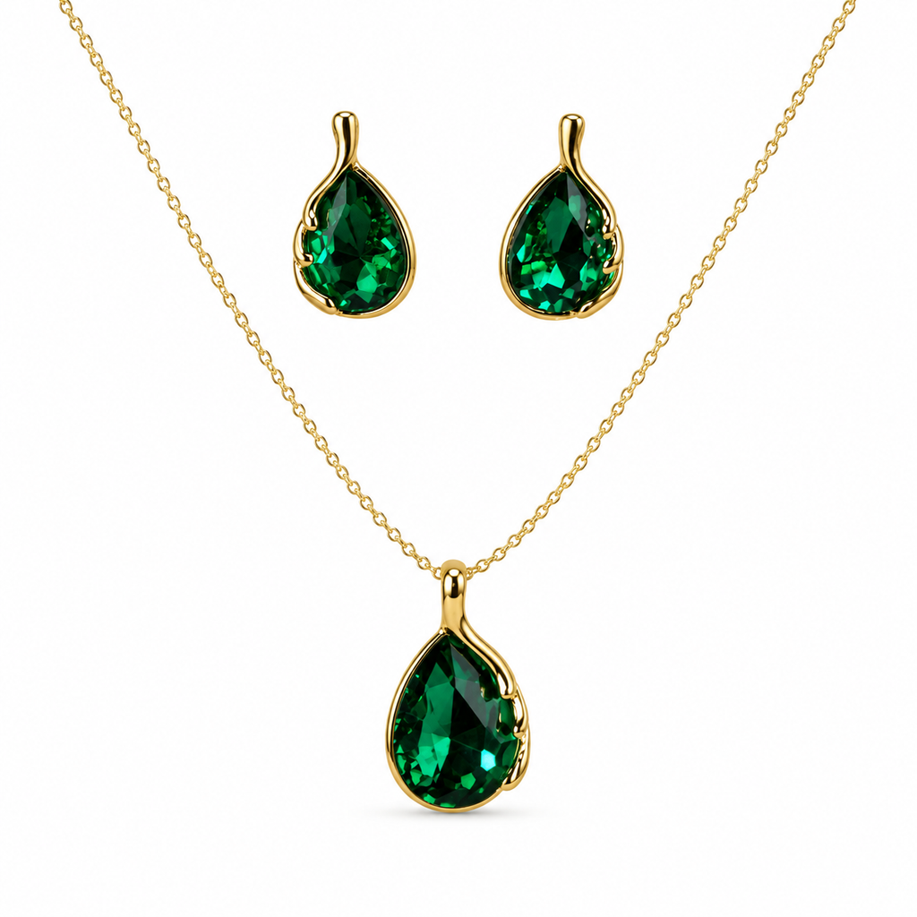 Emerald Green Teardrop Crystal Necklace and Earrings Set