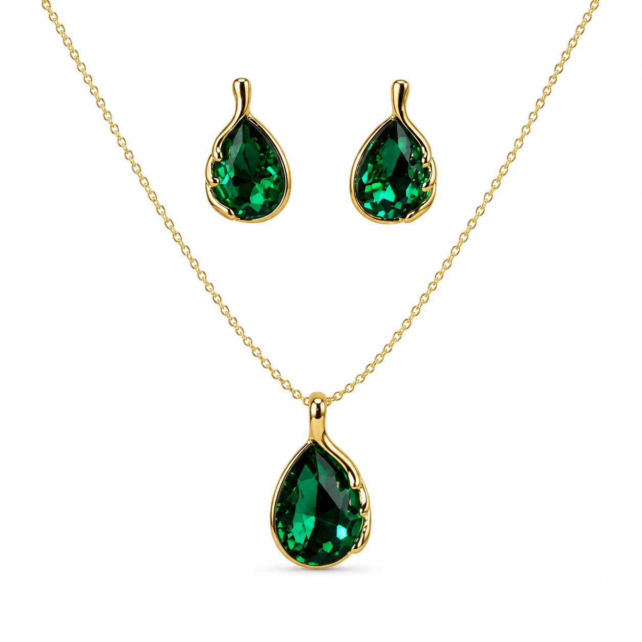 Emerald Green Teardrop Crystal Necklace and Earrings Set