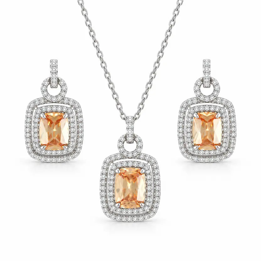 Champagne Rectangle AD Halo Necklace and Earrings Set