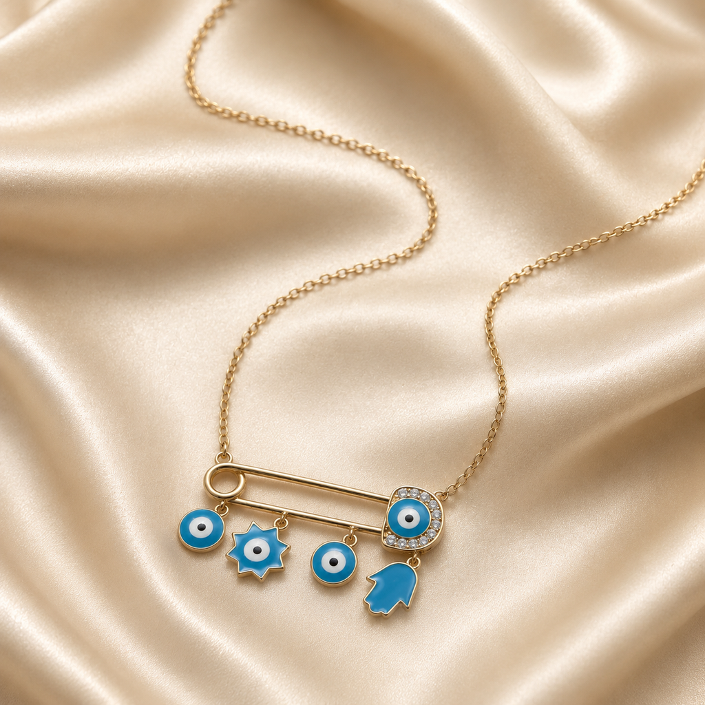 Blue Evil Eye Charm Safety Pin Necklace