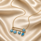 Blue Evil Eye Charm Safety Pin Necklace