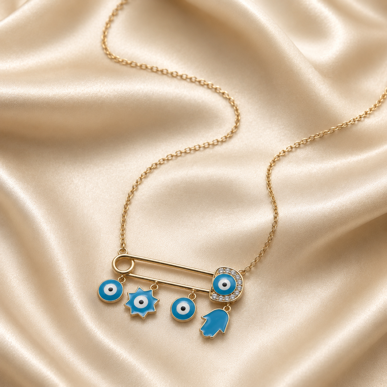 Blue Evil Eye Charm Safety Pin Necklace