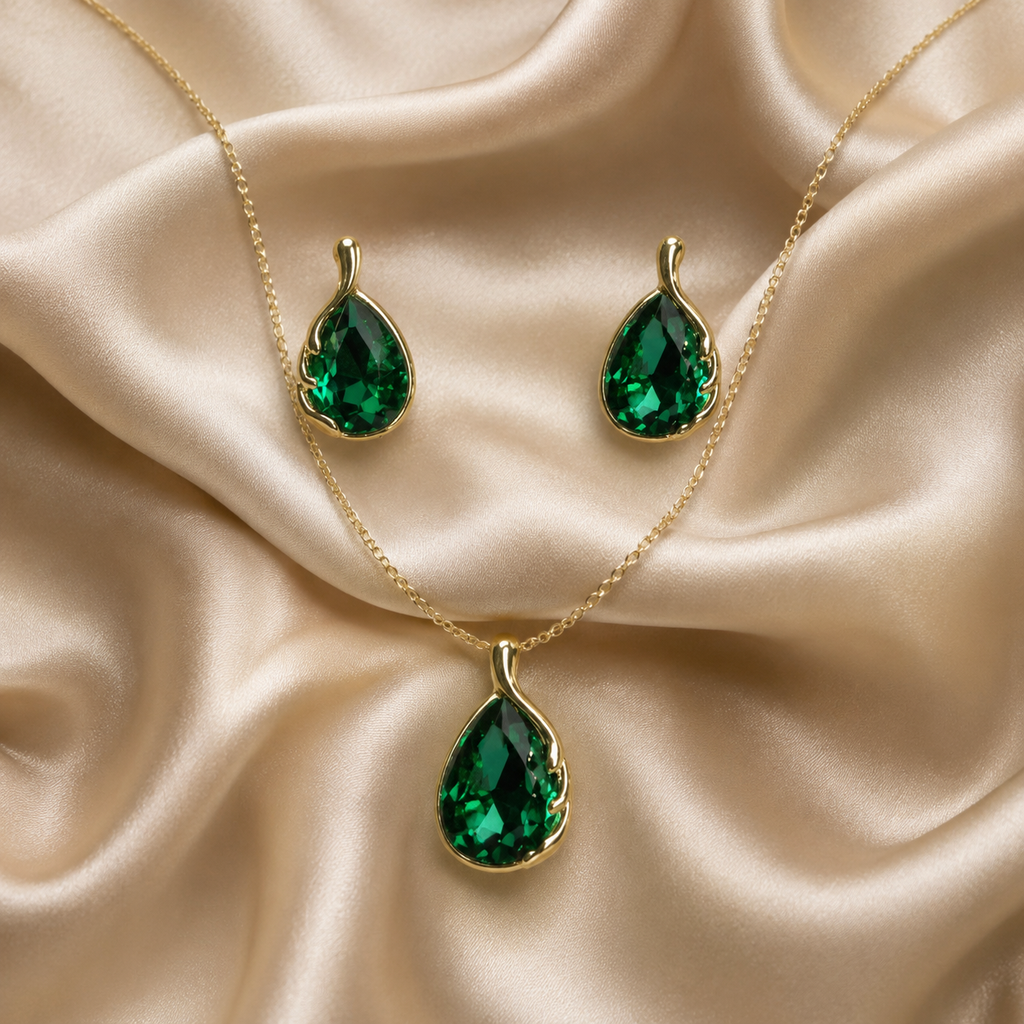 Emerald Green Teardrop Crystal Necklace and Earrings Set