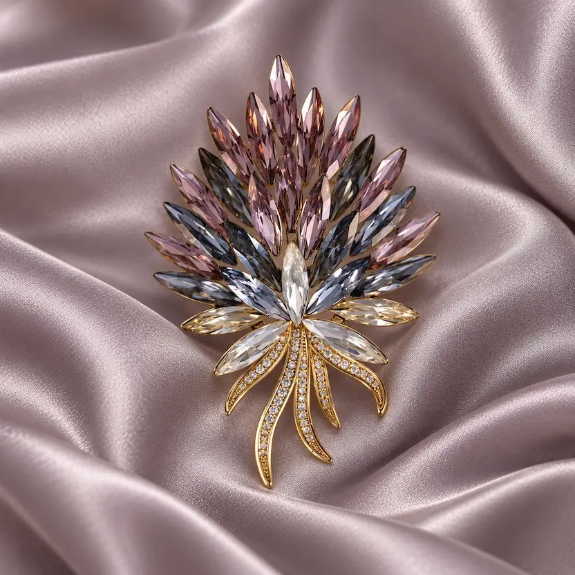 Wine Crystal Feather Spray Brooch