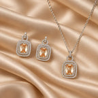 Champagne Rectangle AD Halo Necklace and Earrings Set