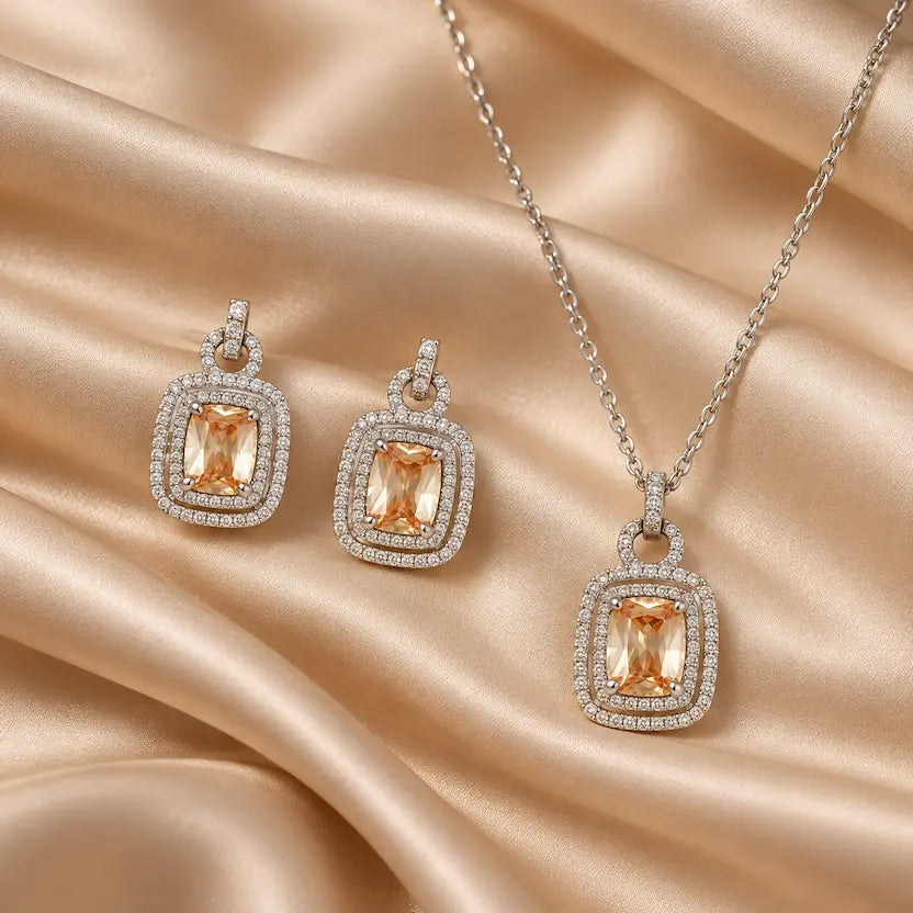 Champagne Rectangle AD Halo Necklace and Earrings Set