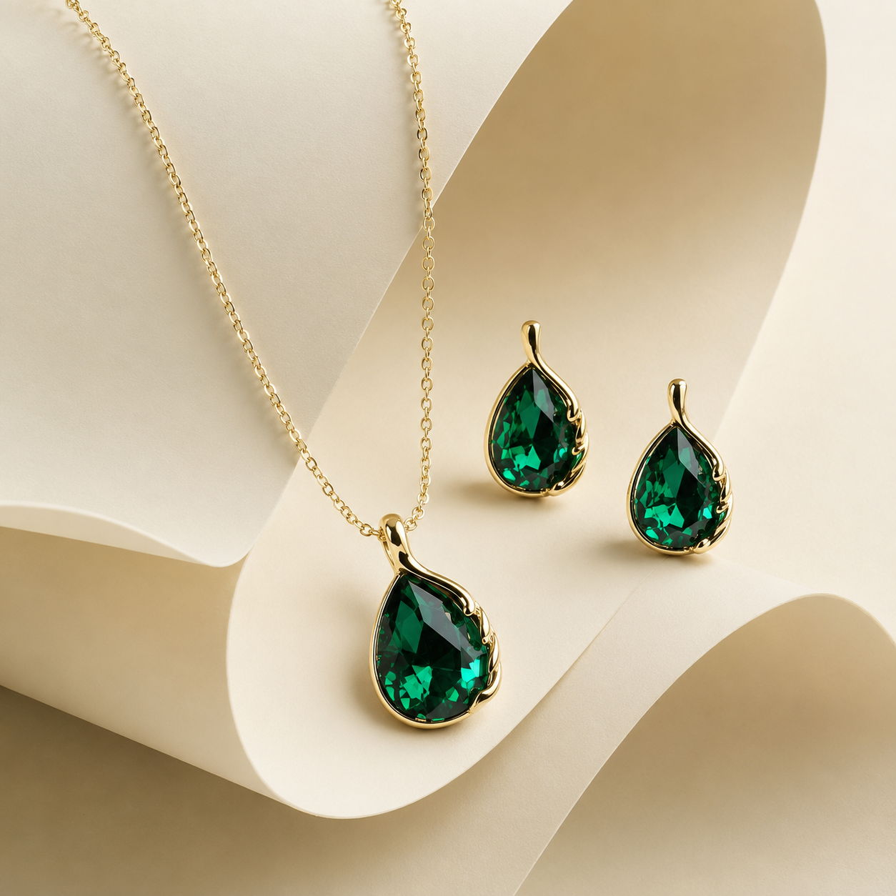 Emerald Green Teardrop Crystal Necklace and Earrings Set