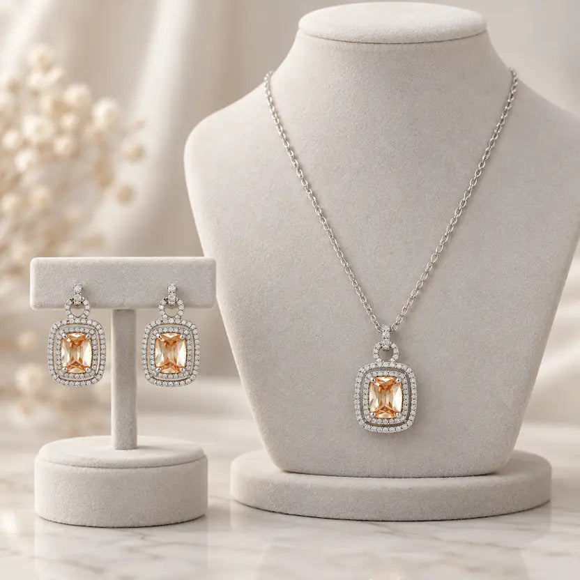 Champagne Rectangle AD Halo Necklace and Earrings Set