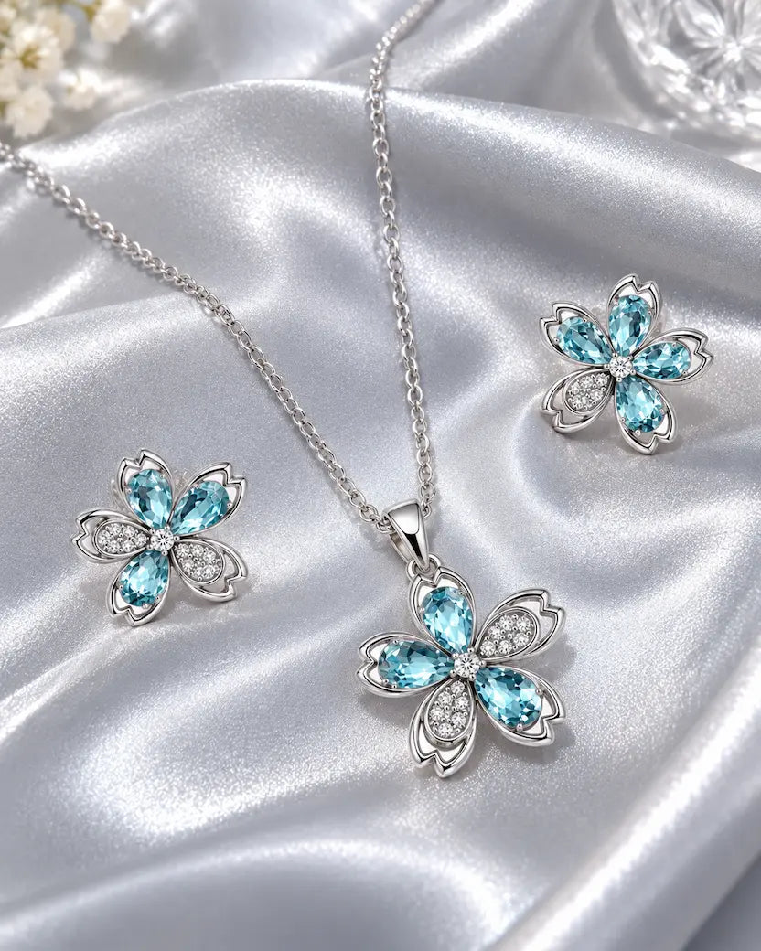 Aqua Blossom Silver-Tone Necklace & Earrings Set