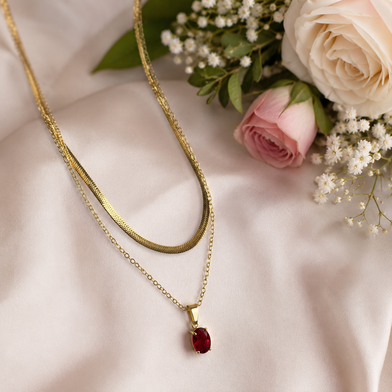 Ruby Red Stone Snake Chain Layered Necklace