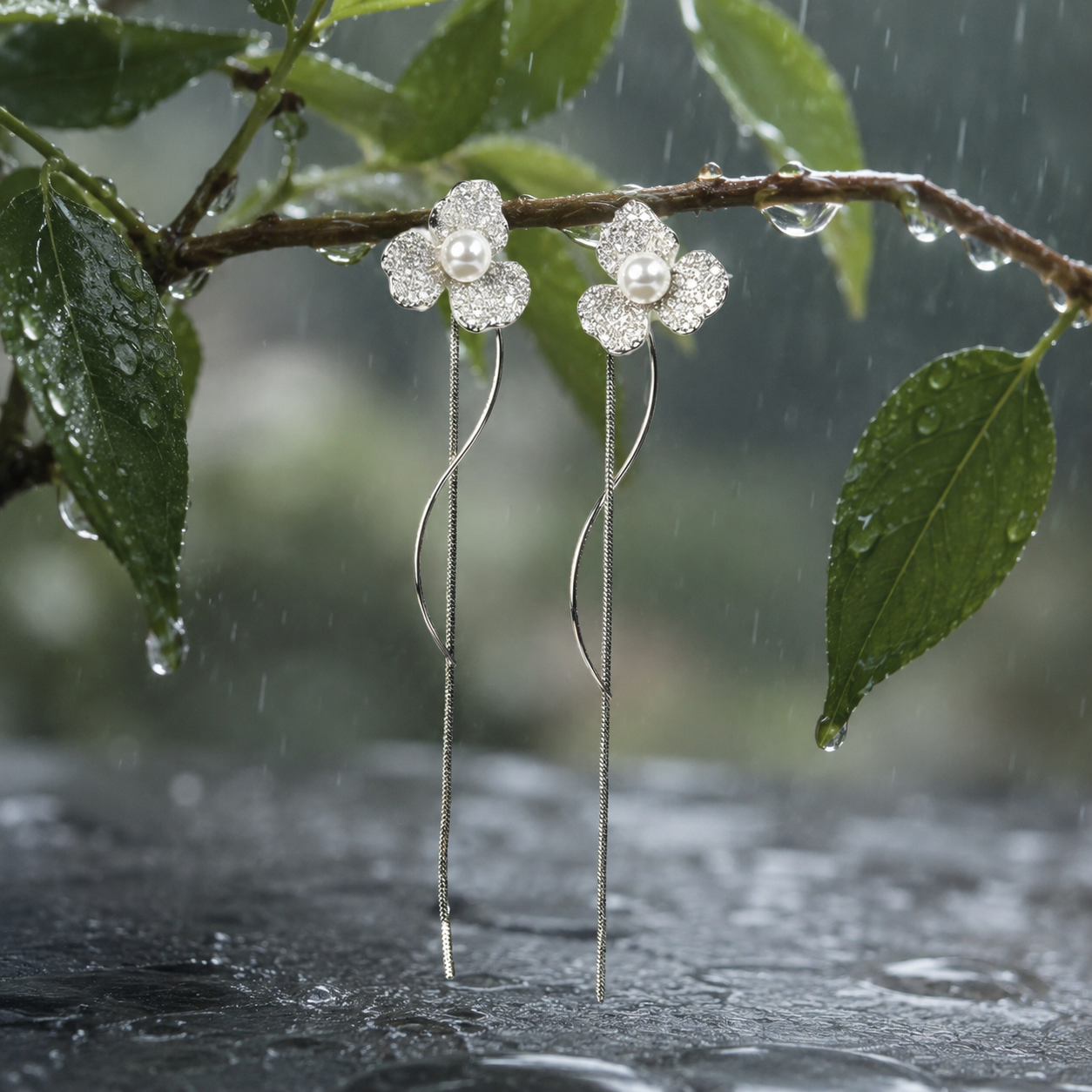 Pearl Tri Petal Silver Stud Earrings