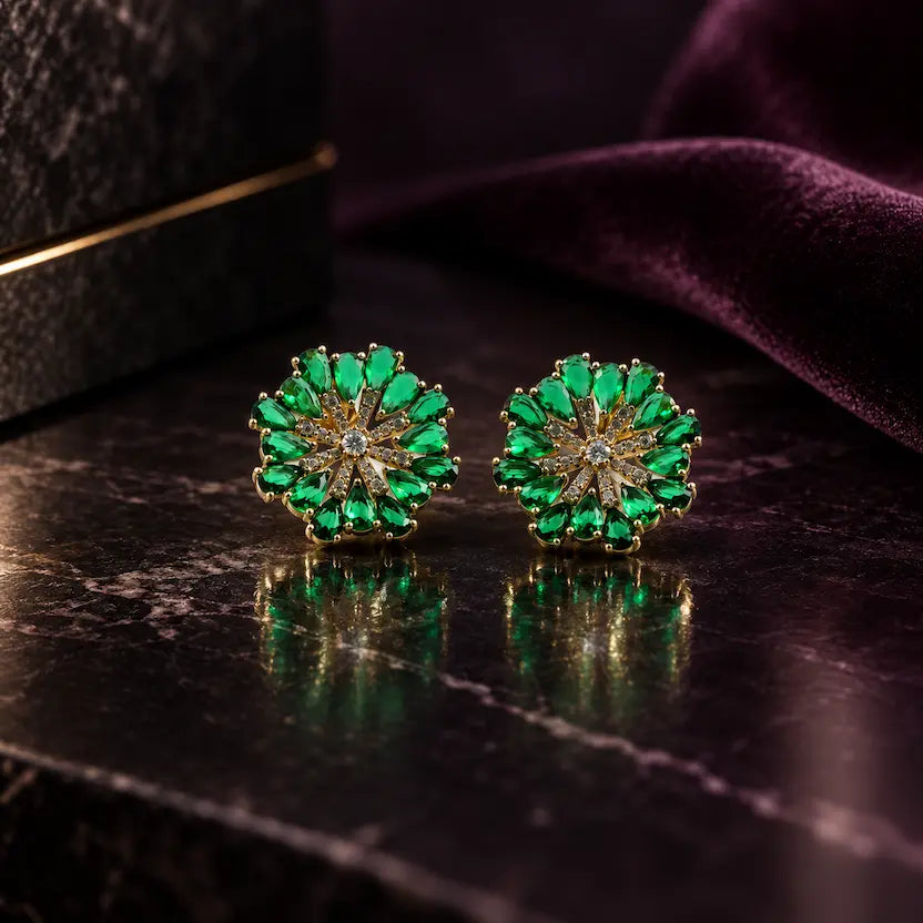 Emerald Floral Halo Stud Earrings