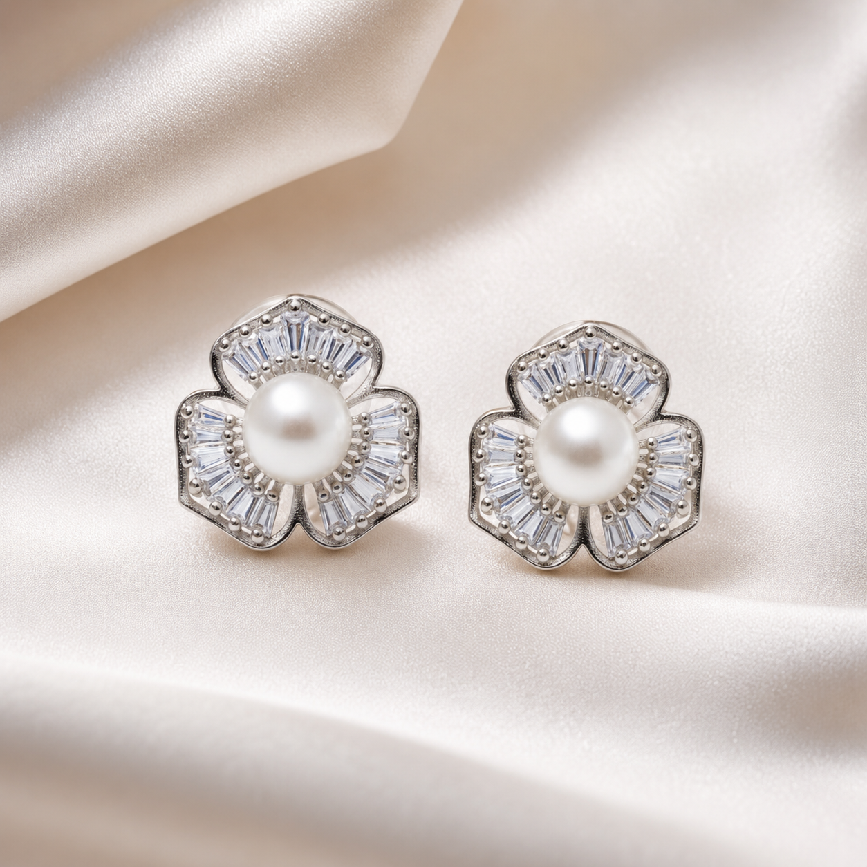 Silver Petal Pearl Stud Earrings