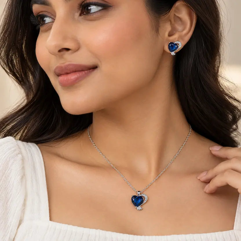 Blue Heart CZ Necklace and Earrings Set