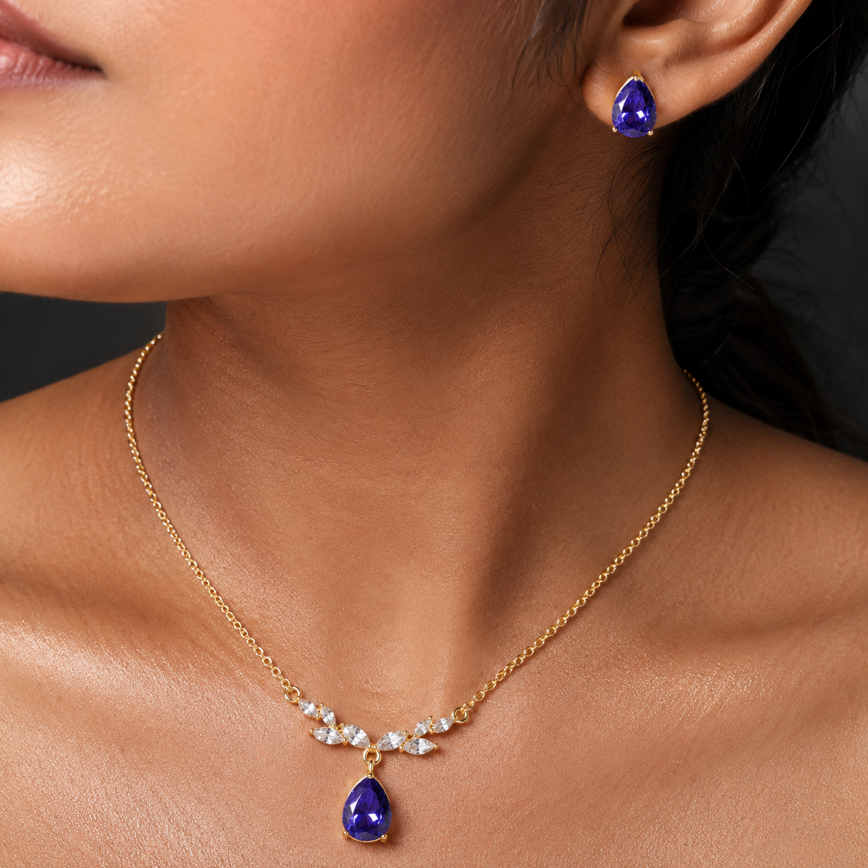 Purple Teardrop Crystal Necklace and Earrings Set