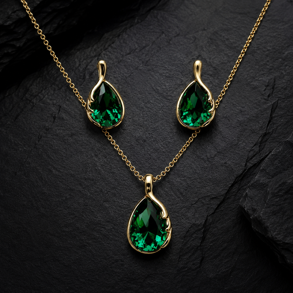 Emerald Green Teardrop Crystal Necklace and Earrings Set