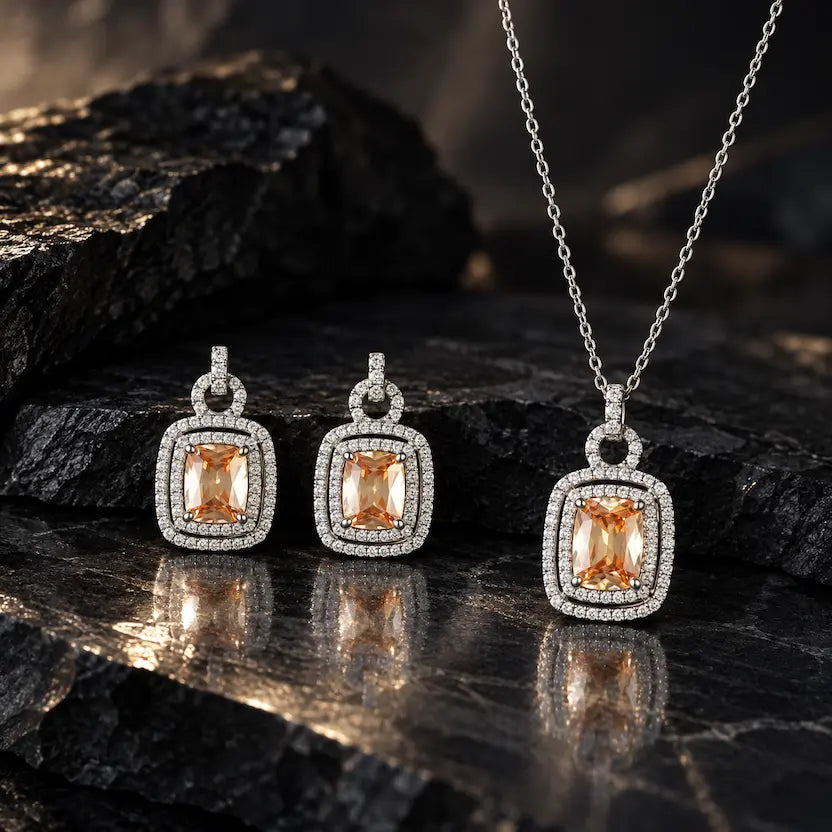 Champagne Rectangle AD Halo Necklace and Earrings Set