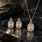 Champagne Rectangle AD Halo Necklace and Earrings Set