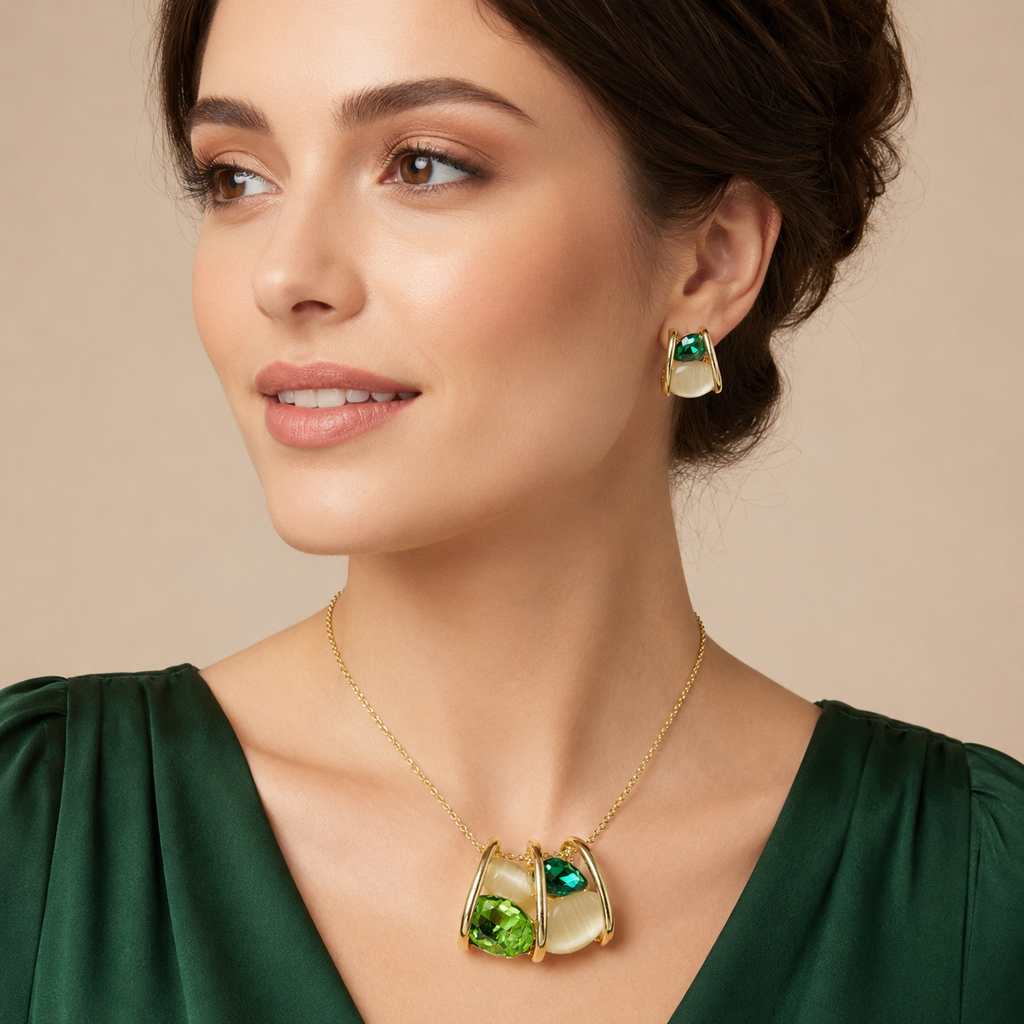 Cage Emerald Cluster Necklace Earrings Set