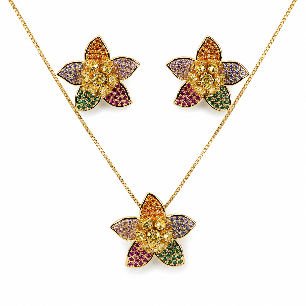 Multicolour Flower Crystal Necklace and Earrings Set