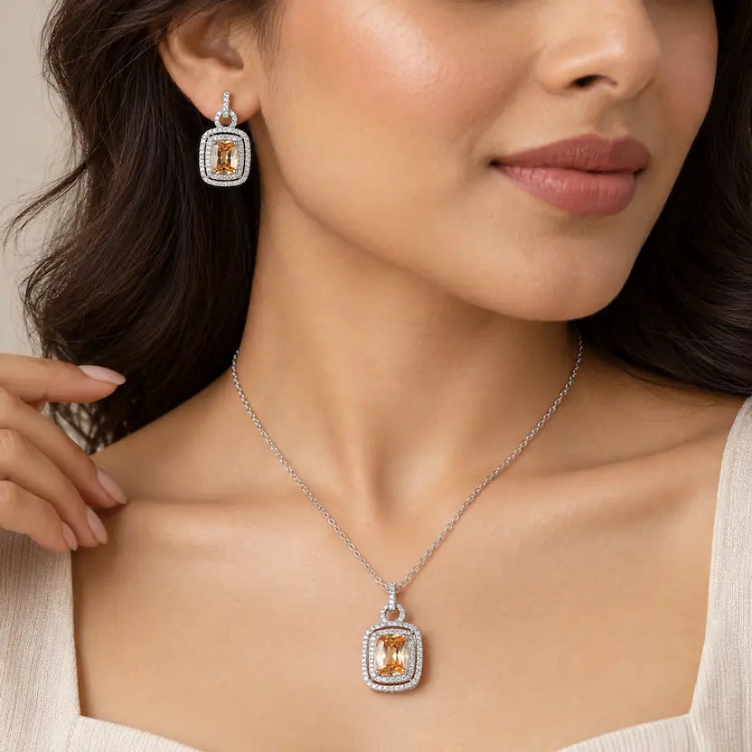 Champagne Rectangle AD Halo Necklace and Earrings Set