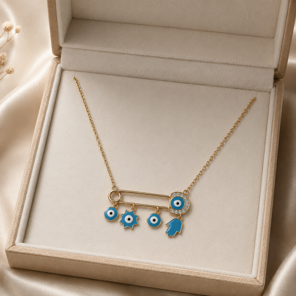 Blue Evil Eye Charm Safety Pin Necklace