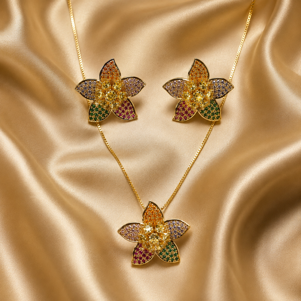 Multicolour Flower Crystal Necklace and Earrings Set