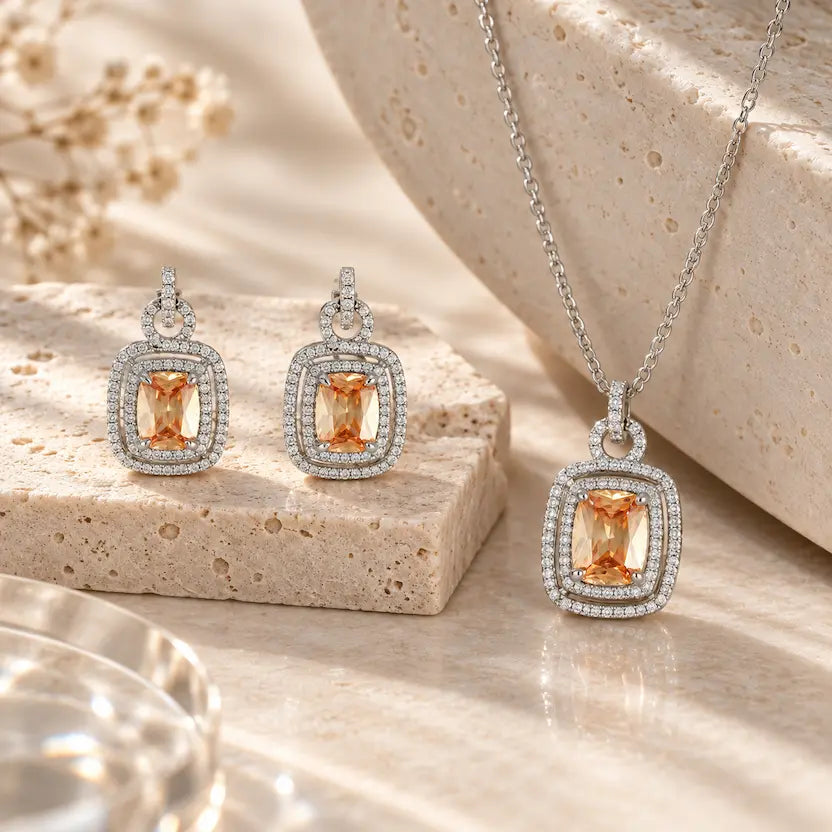 Champagne Rectangle AD Halo Necklace and Earrings Set